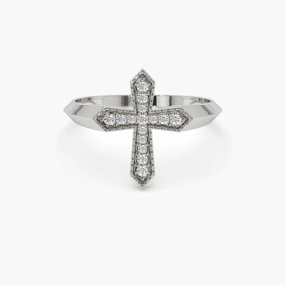 18K Solid Gold Diamond Cross Ring