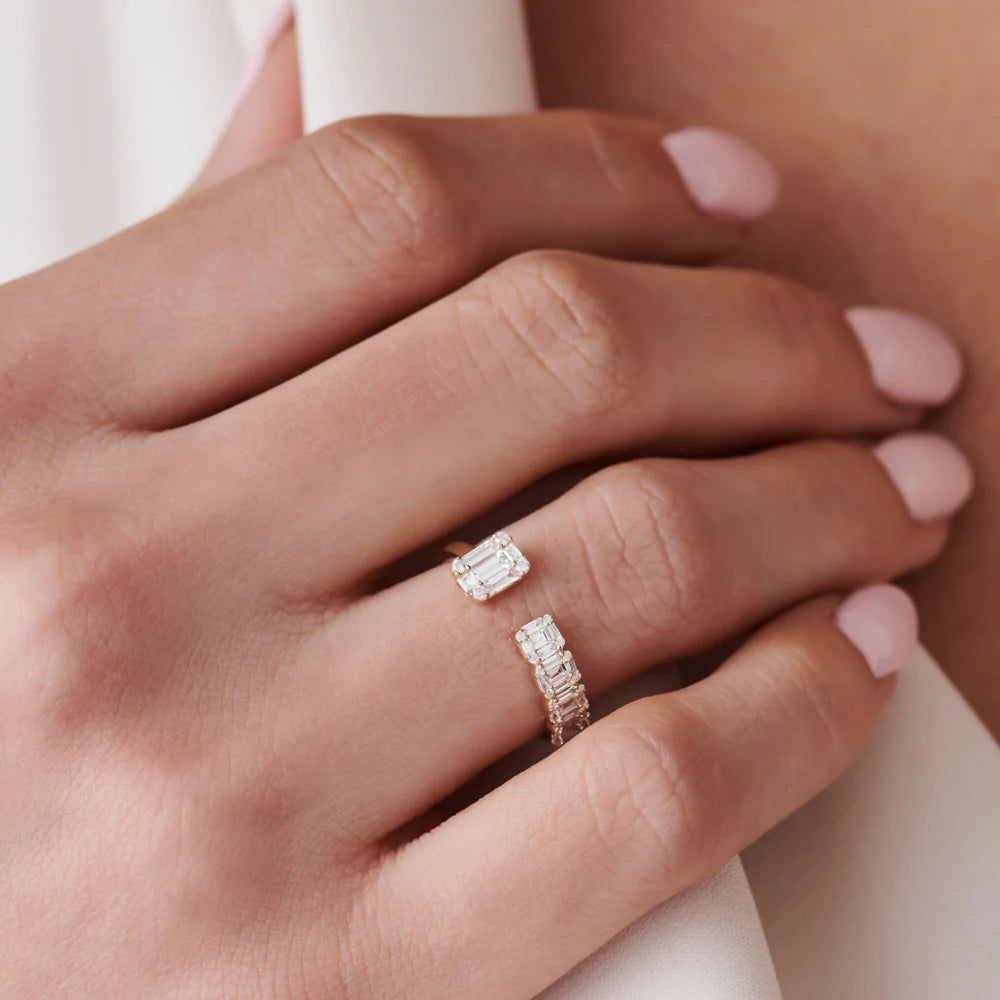 Solid Gold Floating Diamond Baguette Cut Diamond Ring