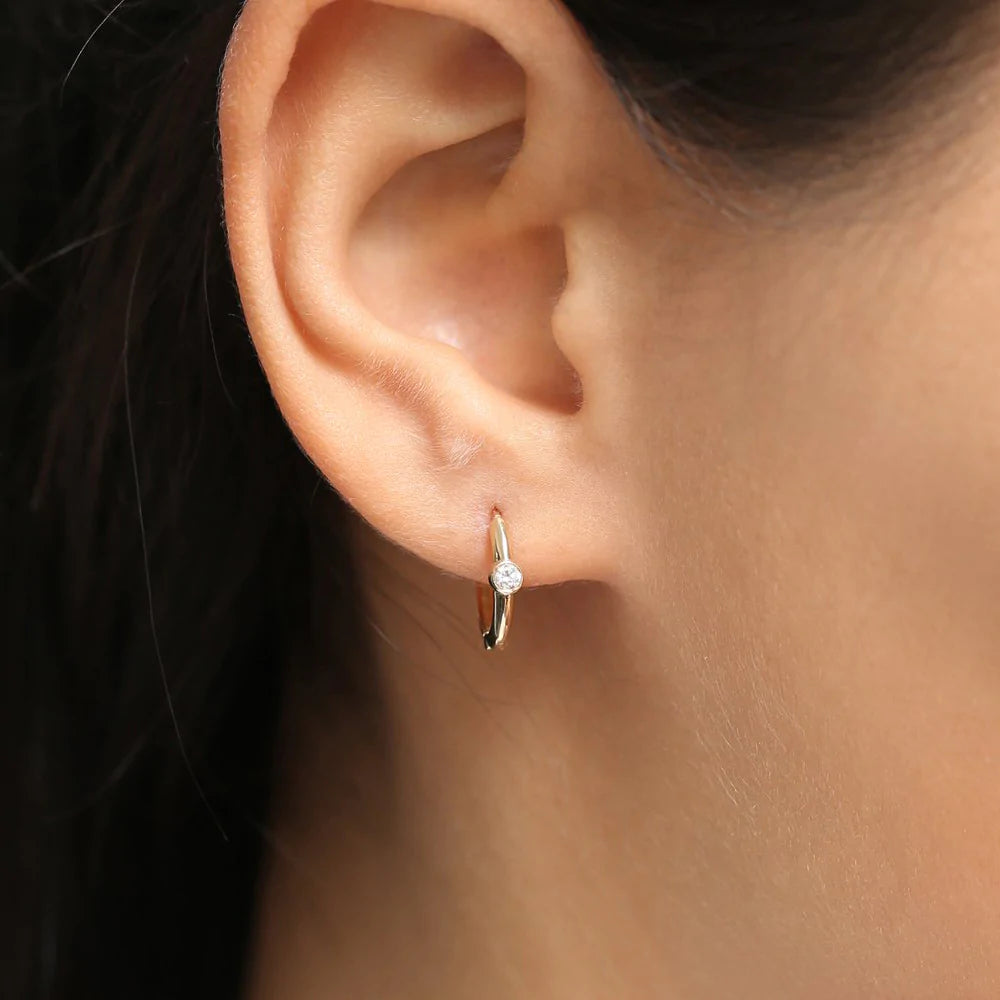 Solid Gold Single Bezel Set Diamond Hoops