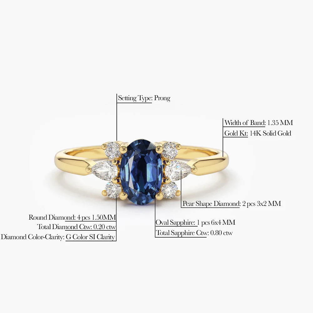 Solid Gold Oval Cut Genuine Sapphire Diamond Ring
