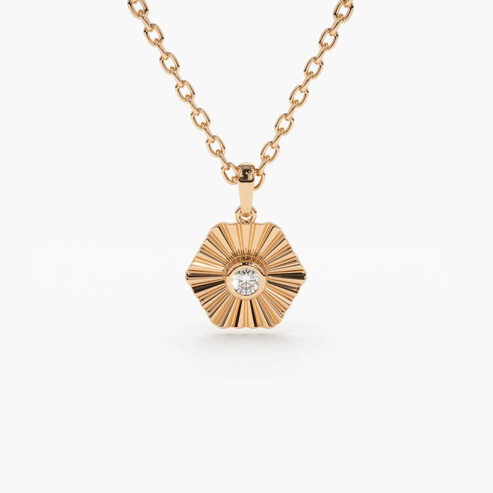 Solid Gold Hexagon Diamond Disc Ray Necklace