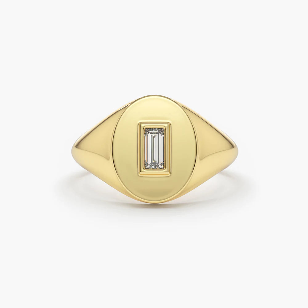 Solid Gold Baguette Diamond Signet Ring (C5F8F2)