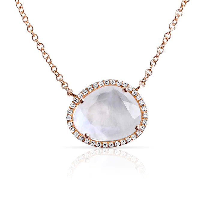 Solid Gold Moonstone Pendant Necklace With Pave Diamond Surround