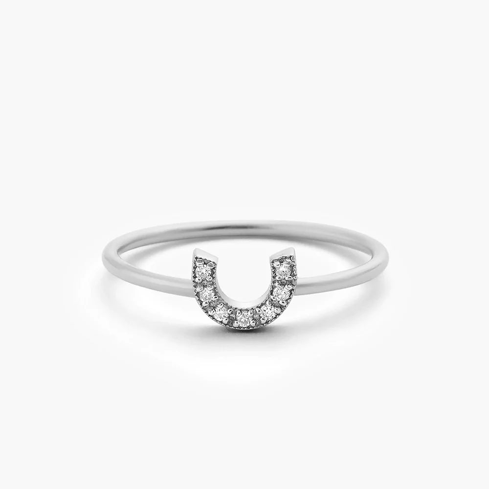 Solid Gold Horseshoe Ring with Round Cut White Diamonds