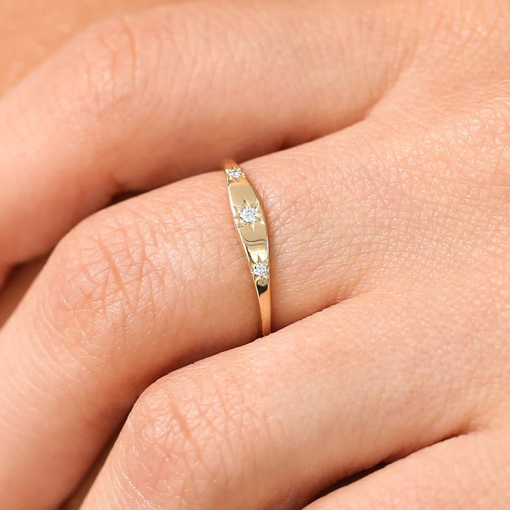 Solid Gold Star Setting 3 Diamond Stacking Ring
