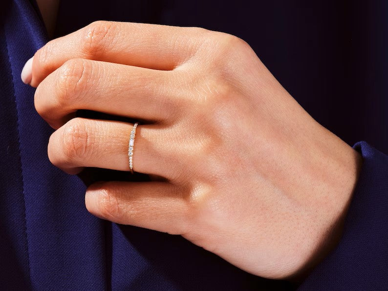 Solid Gold Vintage Inspired Baguette Cut Wedding Diamond Ring for Women