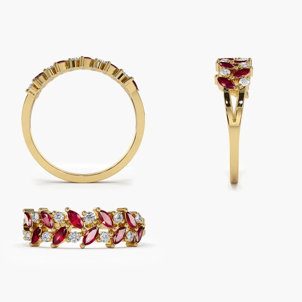 Solid Gold Two Rows Marquise Cut Natural Ruby and Diamond Ring