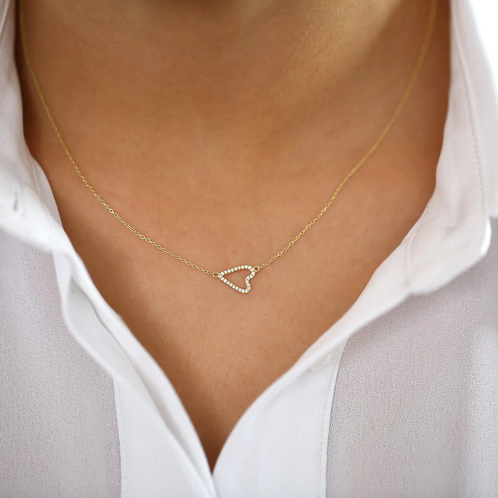 Solid Gold Sideways Diamond Heart Necklace in Micro Pave Setting