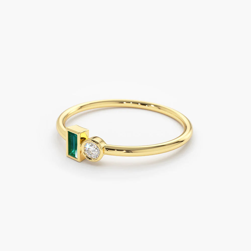 Solid Gold Baguette Emerald and Diamond Stackable Ring