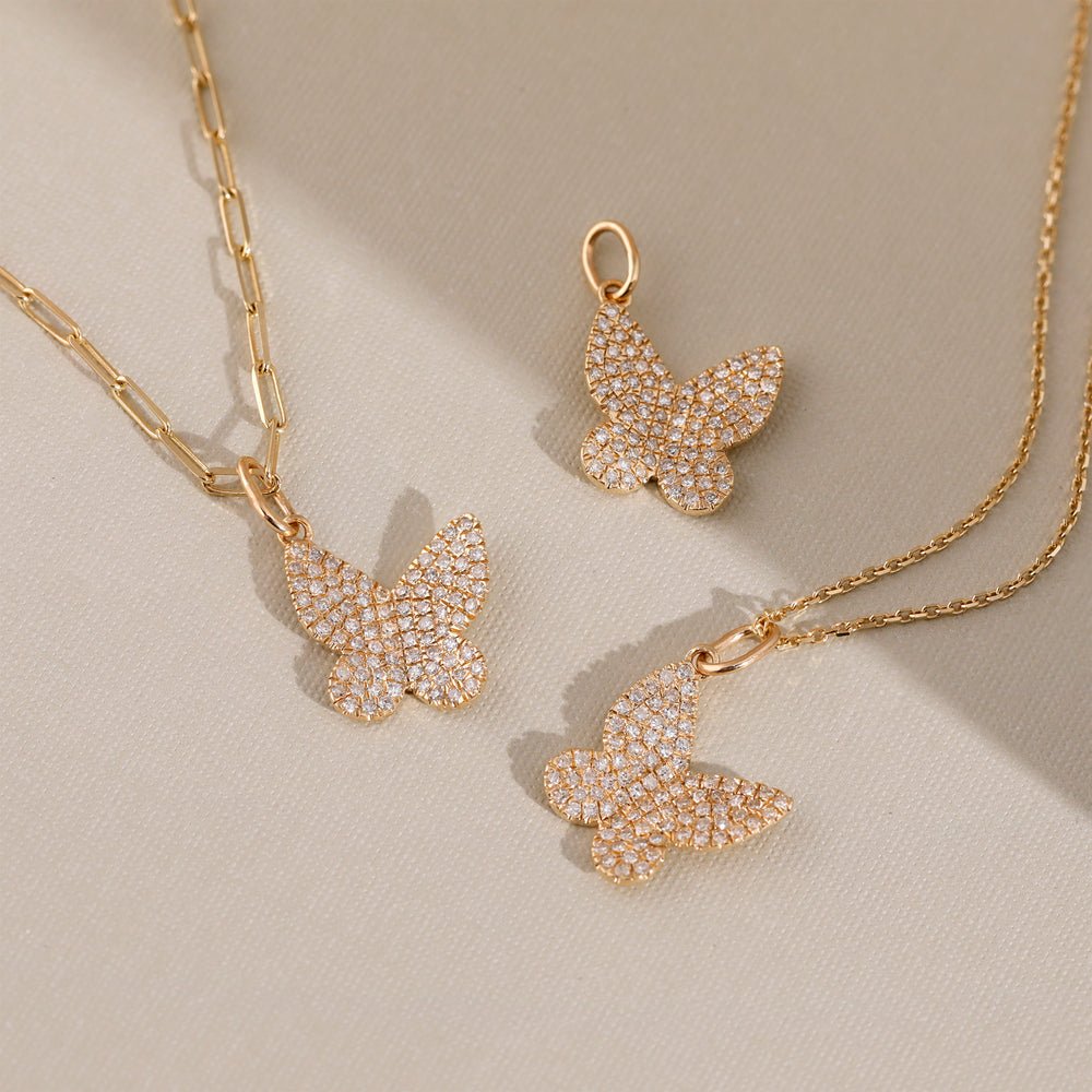 Solid Gold Pave Diamond Butterfly Necklace Charm (36E1A0)