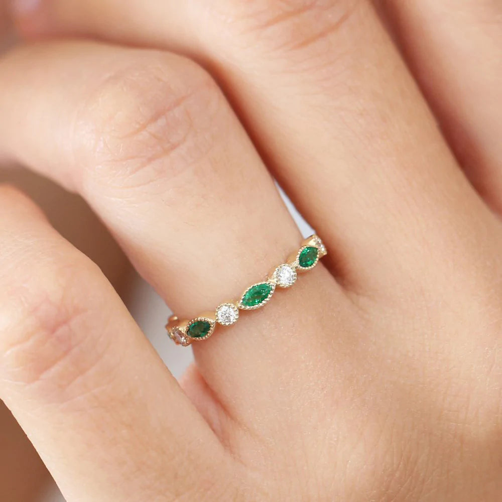 Marquise Emerald and Moissanite Wedding Band, photo 7
