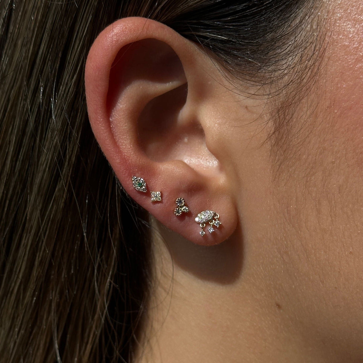Solid Gold Pave Marquise Diamond Drop Stud Earring