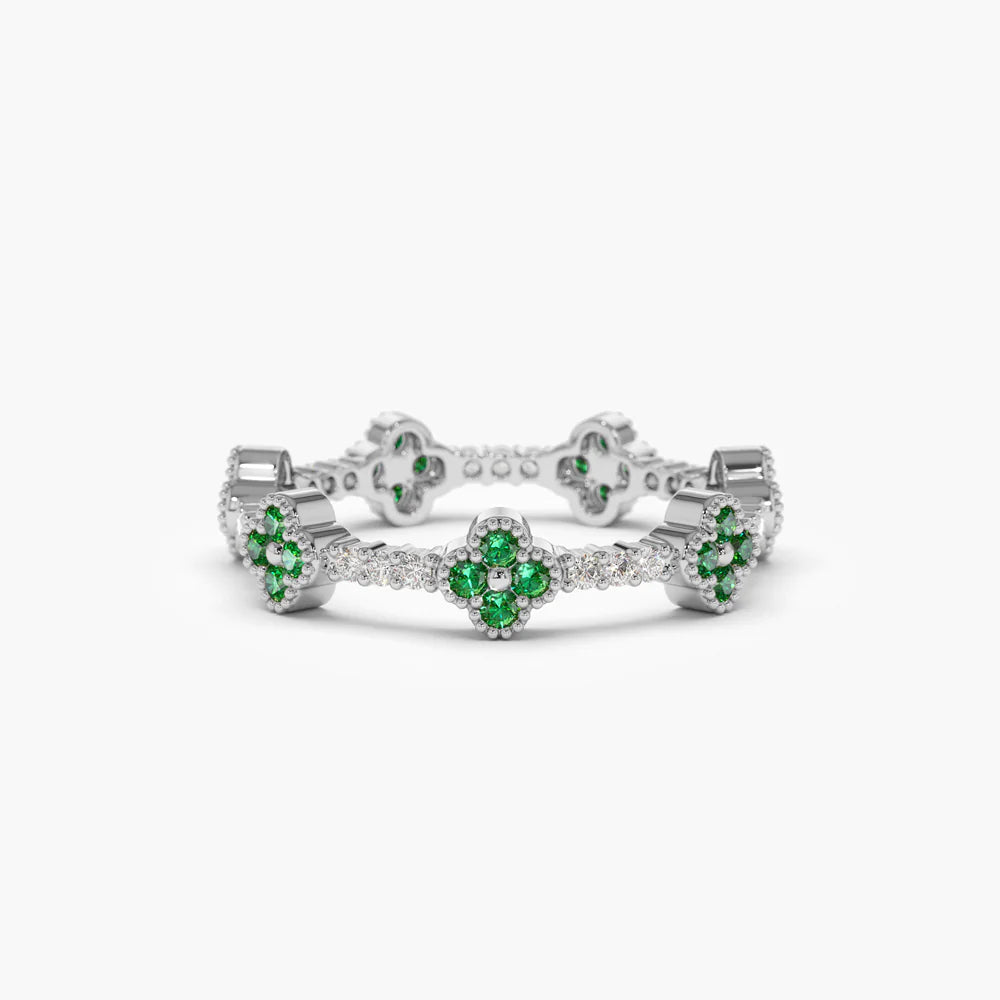 Solid Gold Full Eternity Clover Emerald and Diamond Ring
