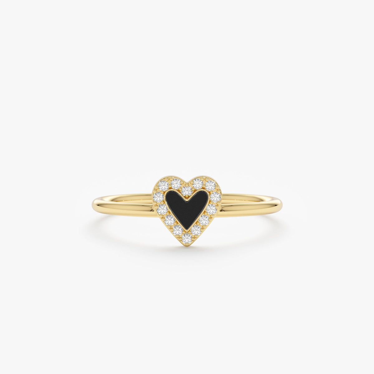 Solid Gold Diamond & Black Enamel Heart Ring (6BF1E1)