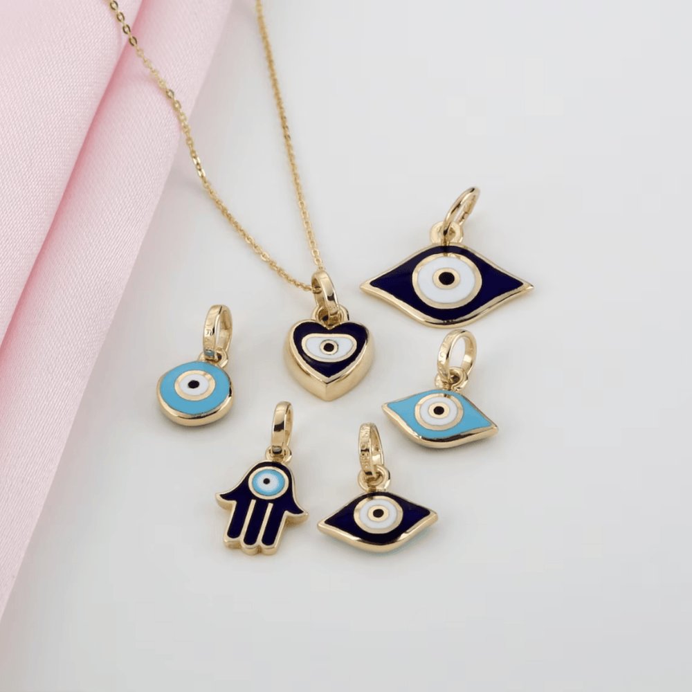 Solid Gold White Enamel Evil Eye Heart Charm (92DC19)