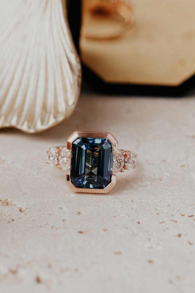 Solid Gold 6.5ct Emerald Cut Blue Sapphire Engagement Ring