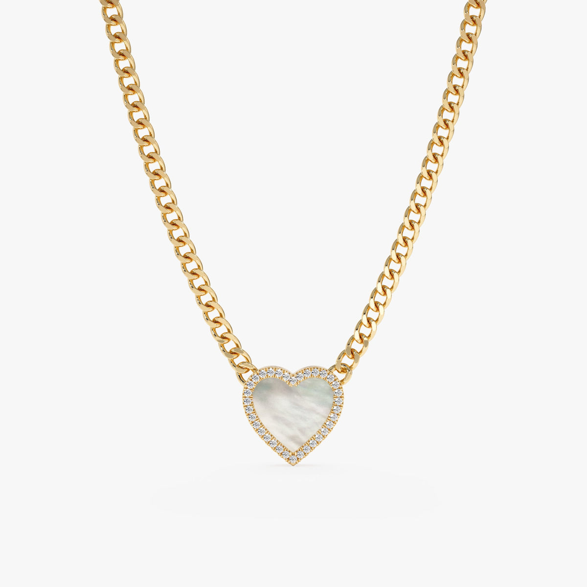 Solid Gold Pearl Heart & Diamond Cuban Chain Necklace