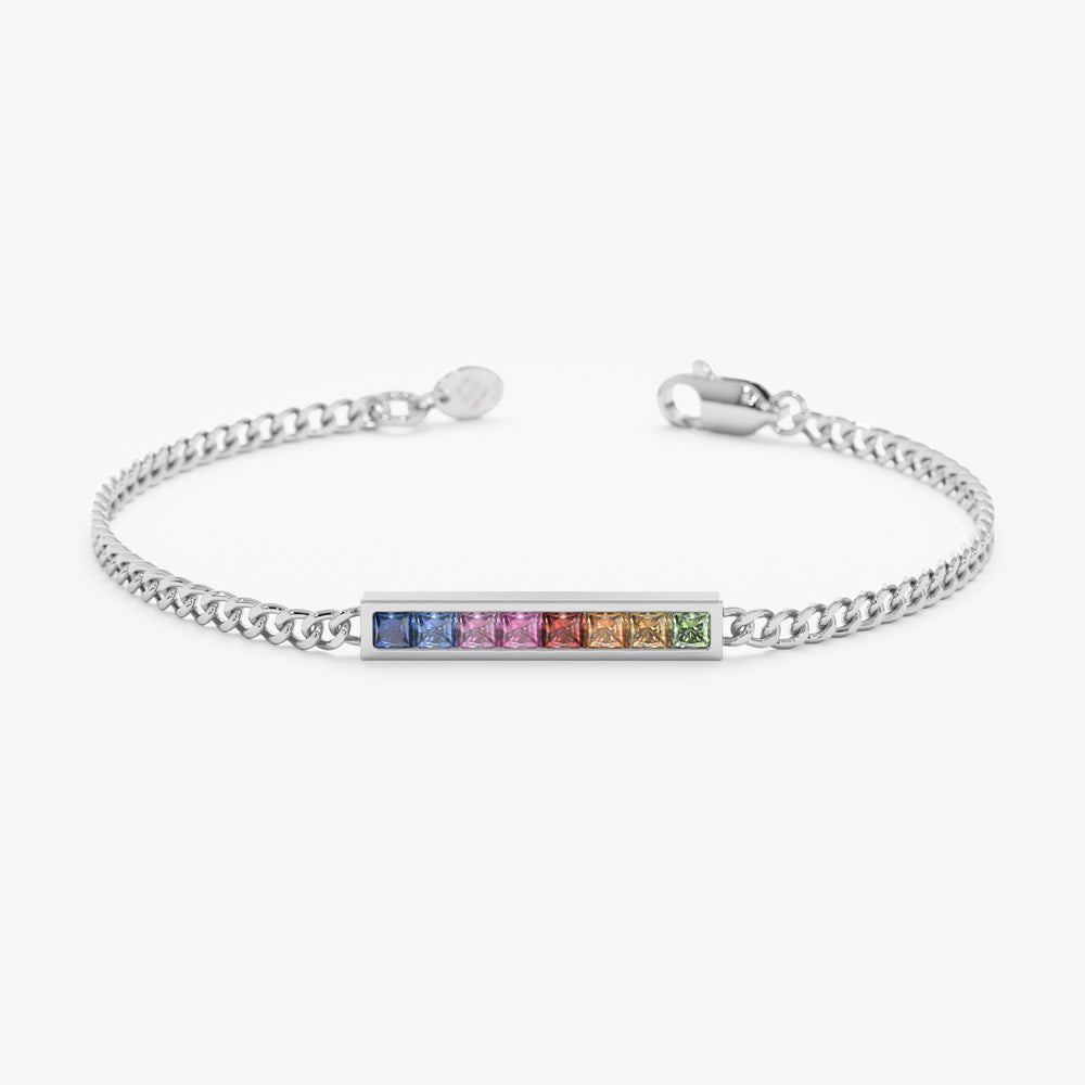 Solid Gold Rainbow Sapphire Cuban Chain Bar Bracelet (236BCF)