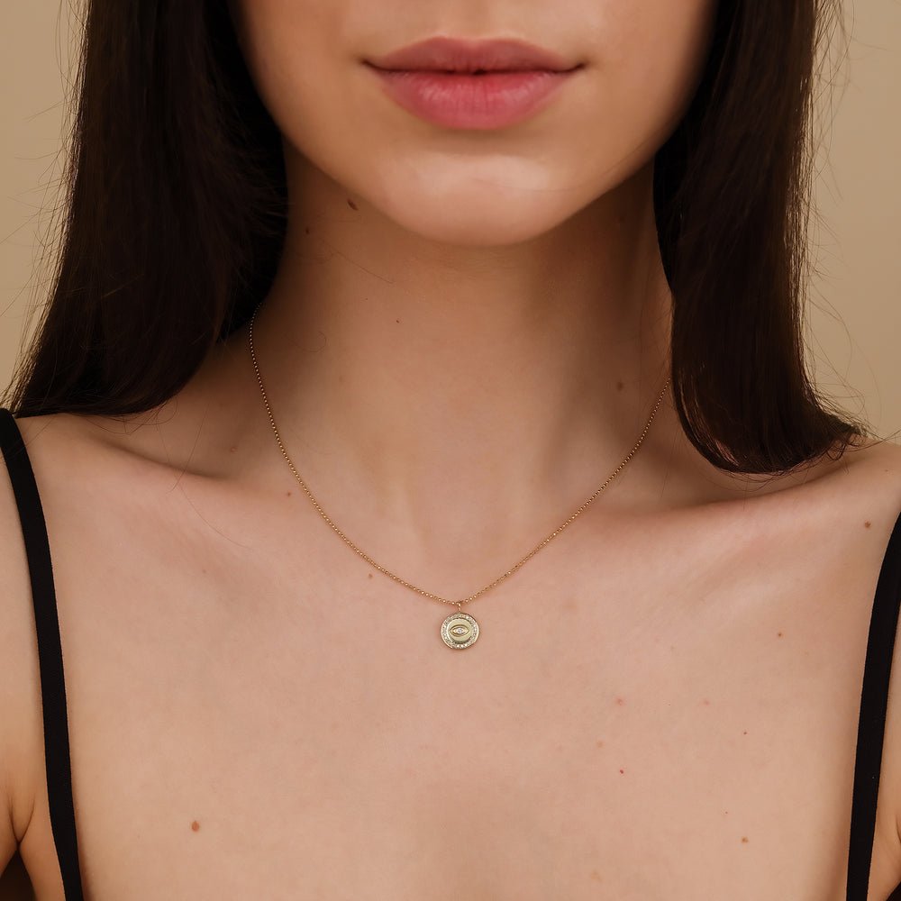 Solid Gold Diamond Eye Medallion with Ball Chain (8AA70A)