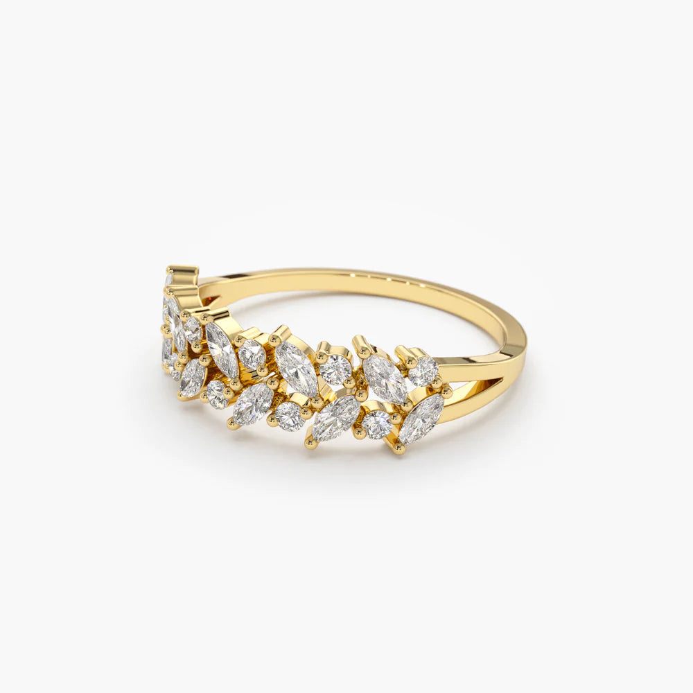 Solid Gold Two Row Marquise & Round Diamond Ring