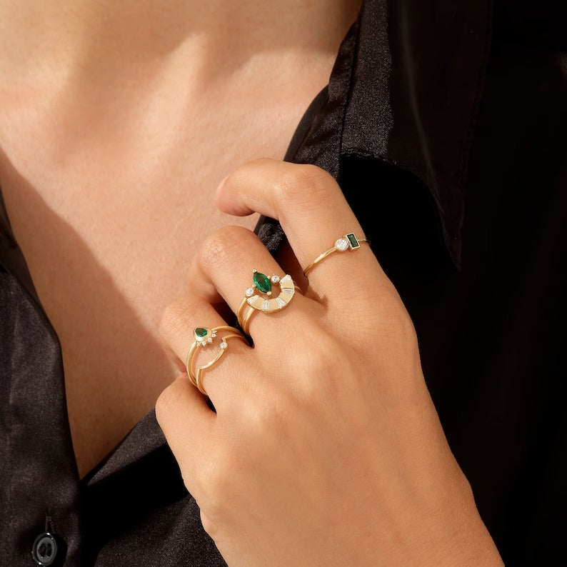 Solid Gold Pear Emerald Ring