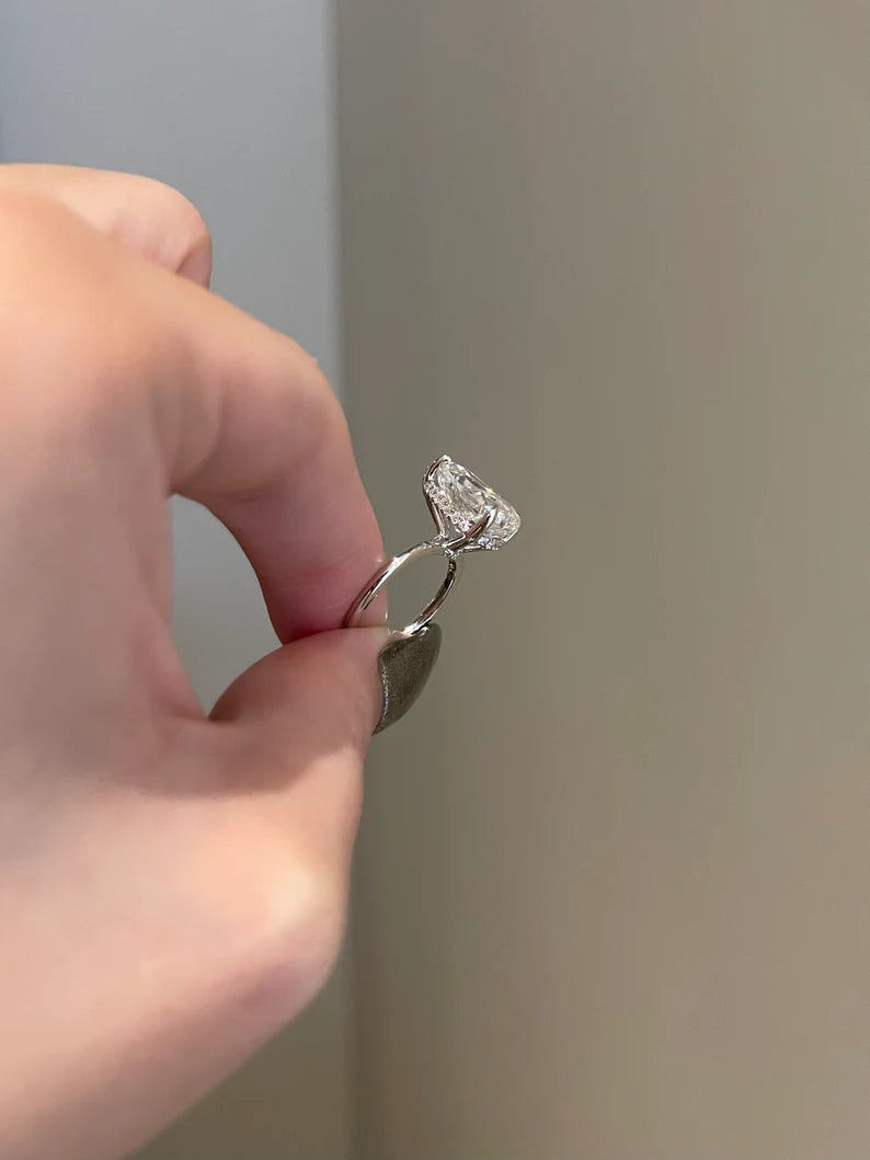 Solid Gold Solitaire Ring Pear Shaped Moissanite 3-Prong Halo Pave Bridge