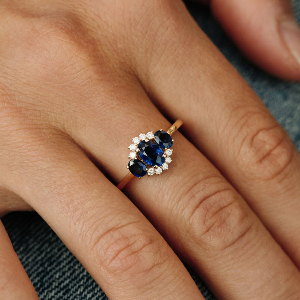 Solid Gold Three Stone Sapphire Cluster Ring