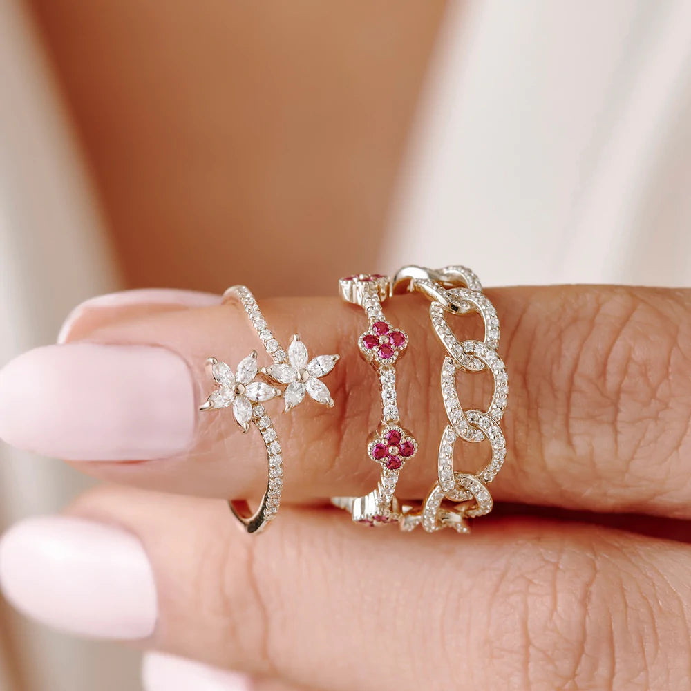 Solid Gold Full Eternity Clover Ruby and Diamond Ring