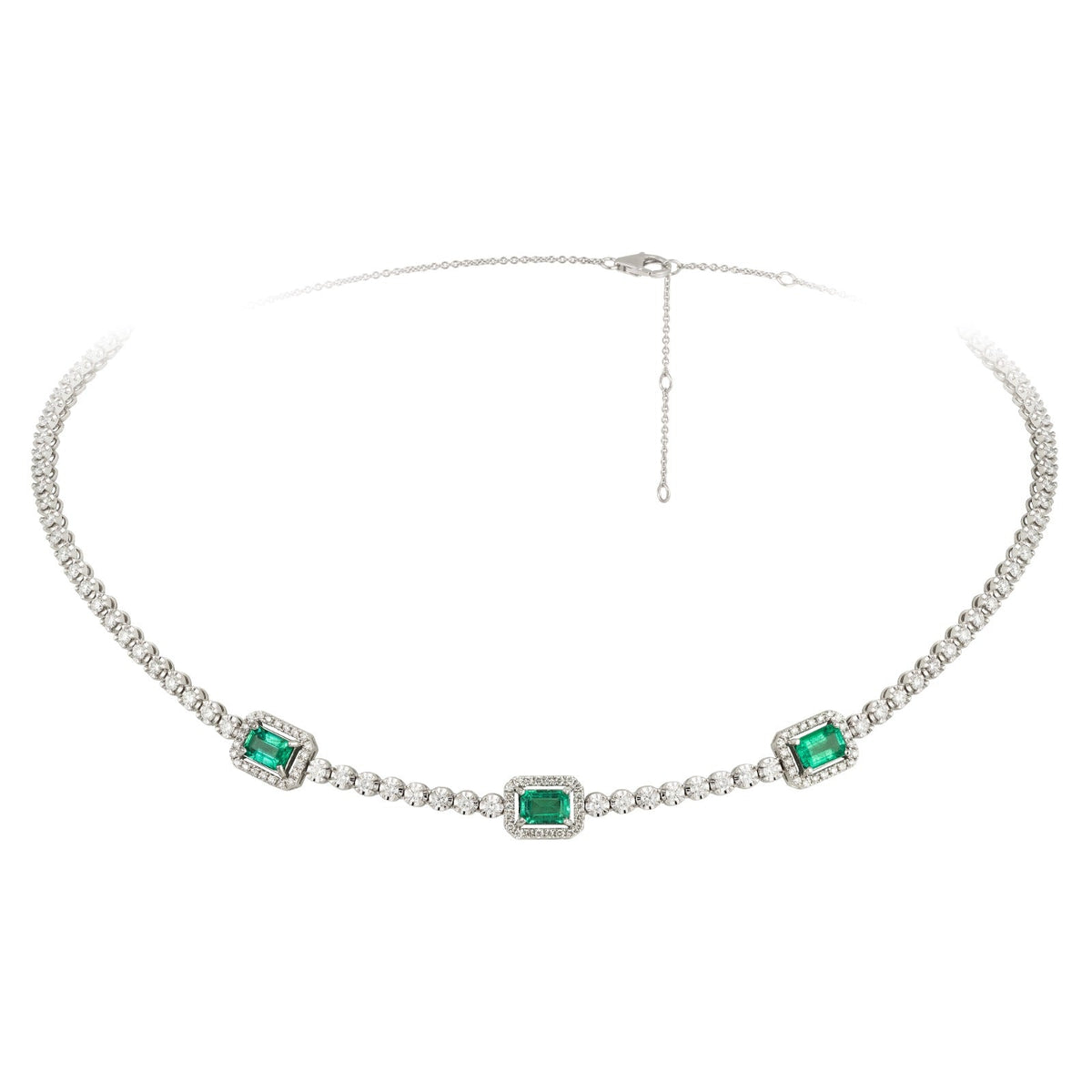Solid Gold Diamond Tennis Triple Emerald Necklace