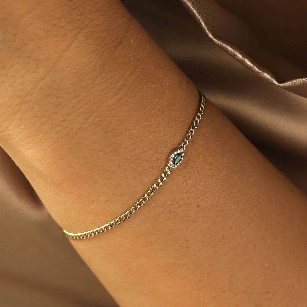 Solid Gold 2MM Curb Link Marquise Emerald Bracelet