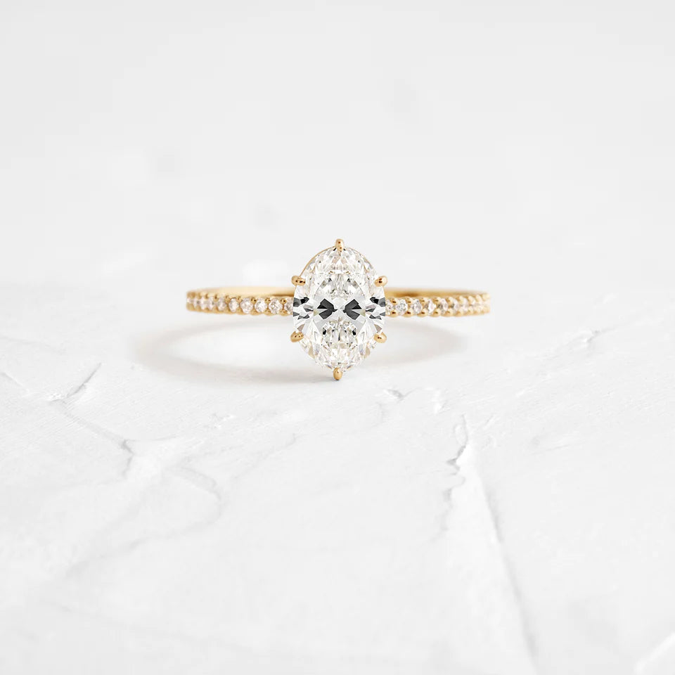 Solid Gold Pave Band, Oval Cut 1.5 ct Lab-Grown Diamond Ring