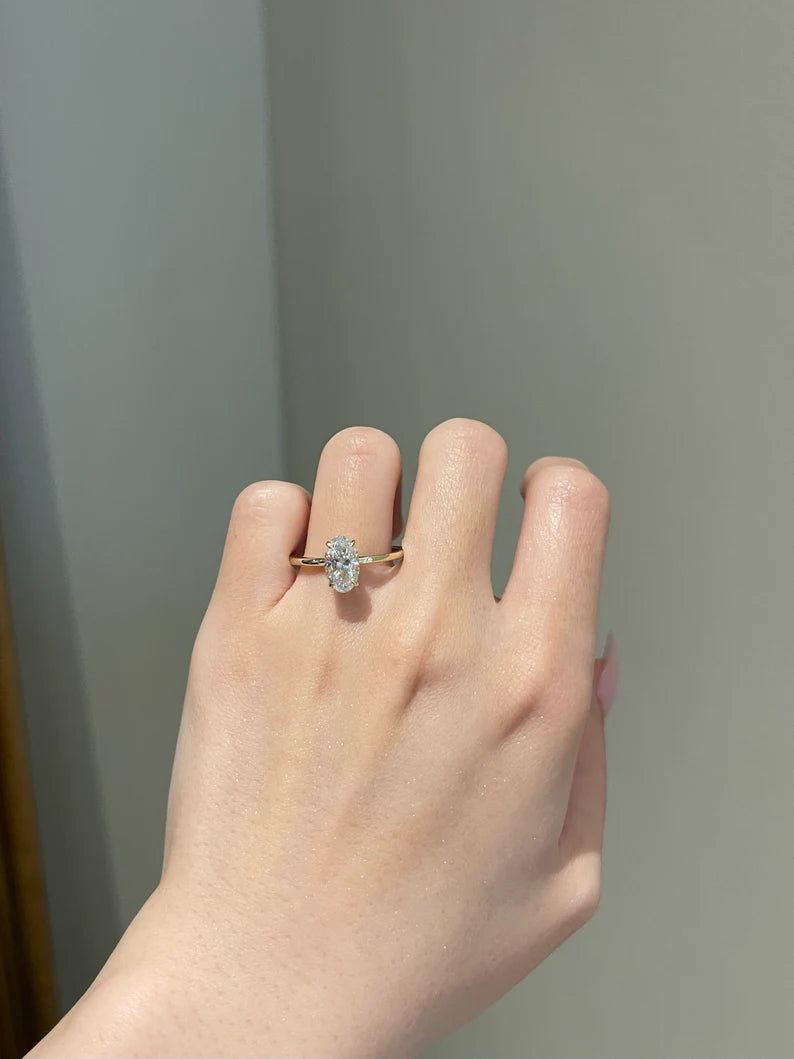 Solid Gold Engagement Ring 2 Carat Brilliant Oval Cut Moissanite Solitaire