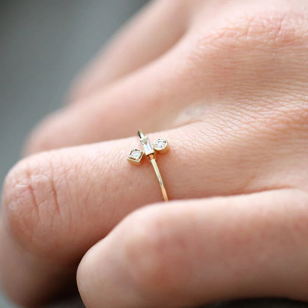 Solid Gold Baguette and Round Cut Diamond Ring