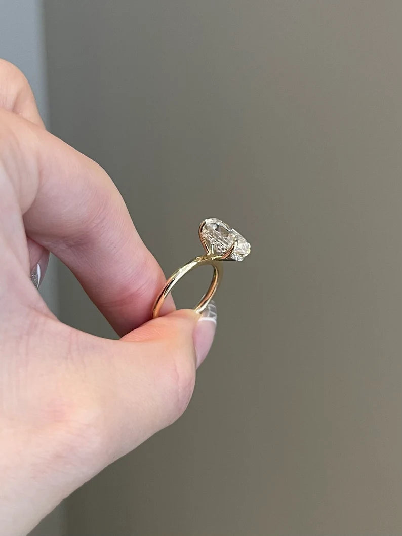 Solid Gold Engagement Ring 4 Carat Oval Cut Moissanite Hidden Halo Solitaire