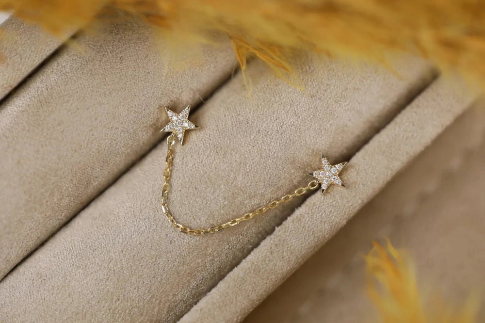 Solid Gold Double Diamond Star Chain Stud Earrings