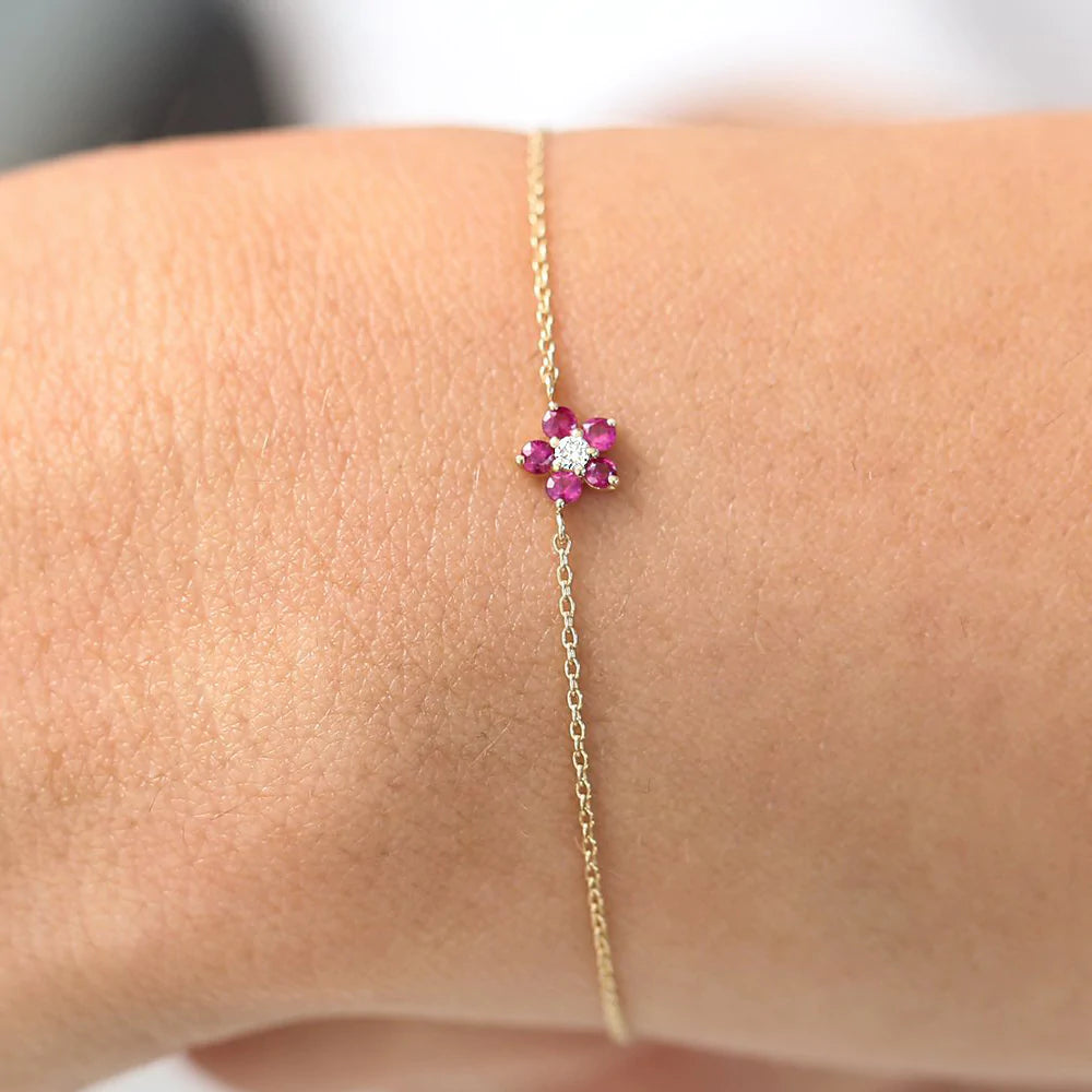 Solid Gold Ruby and Diamond Flower Charm Bracelet