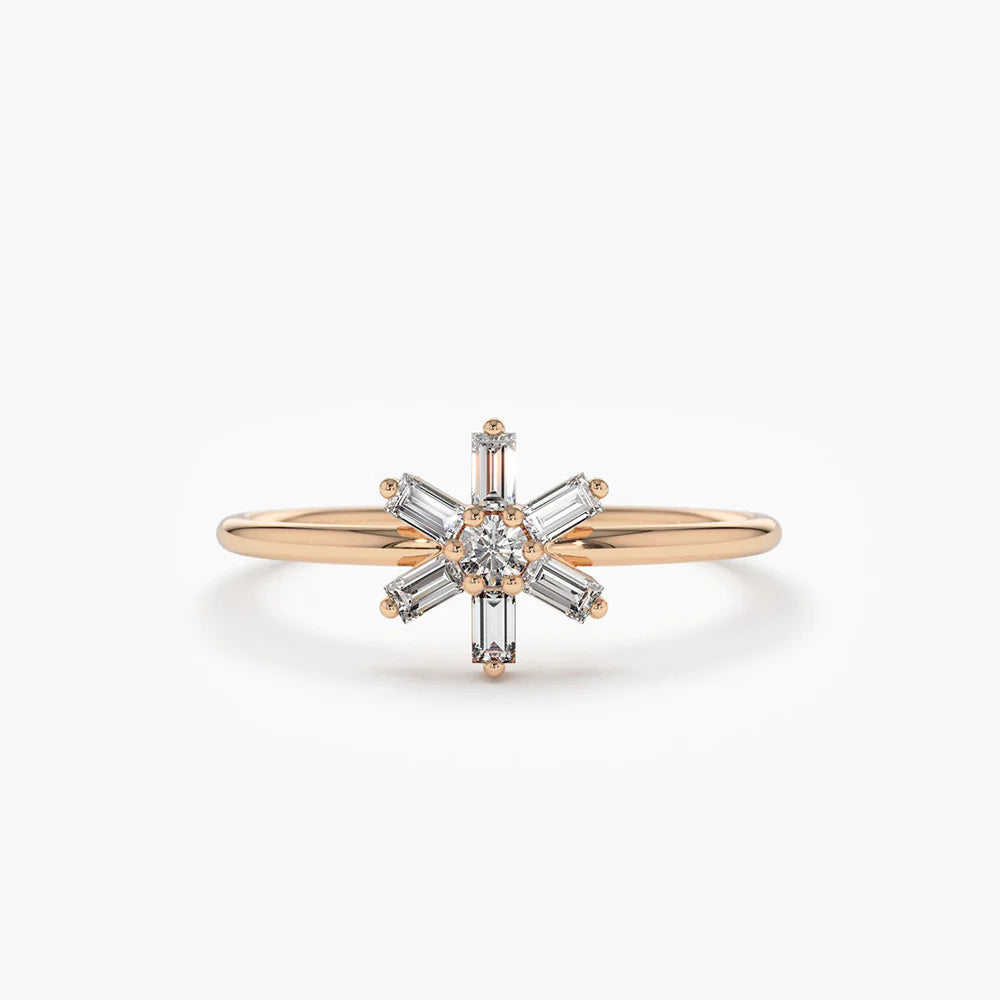 Solid Gold Baguette Diamond Flower Ring