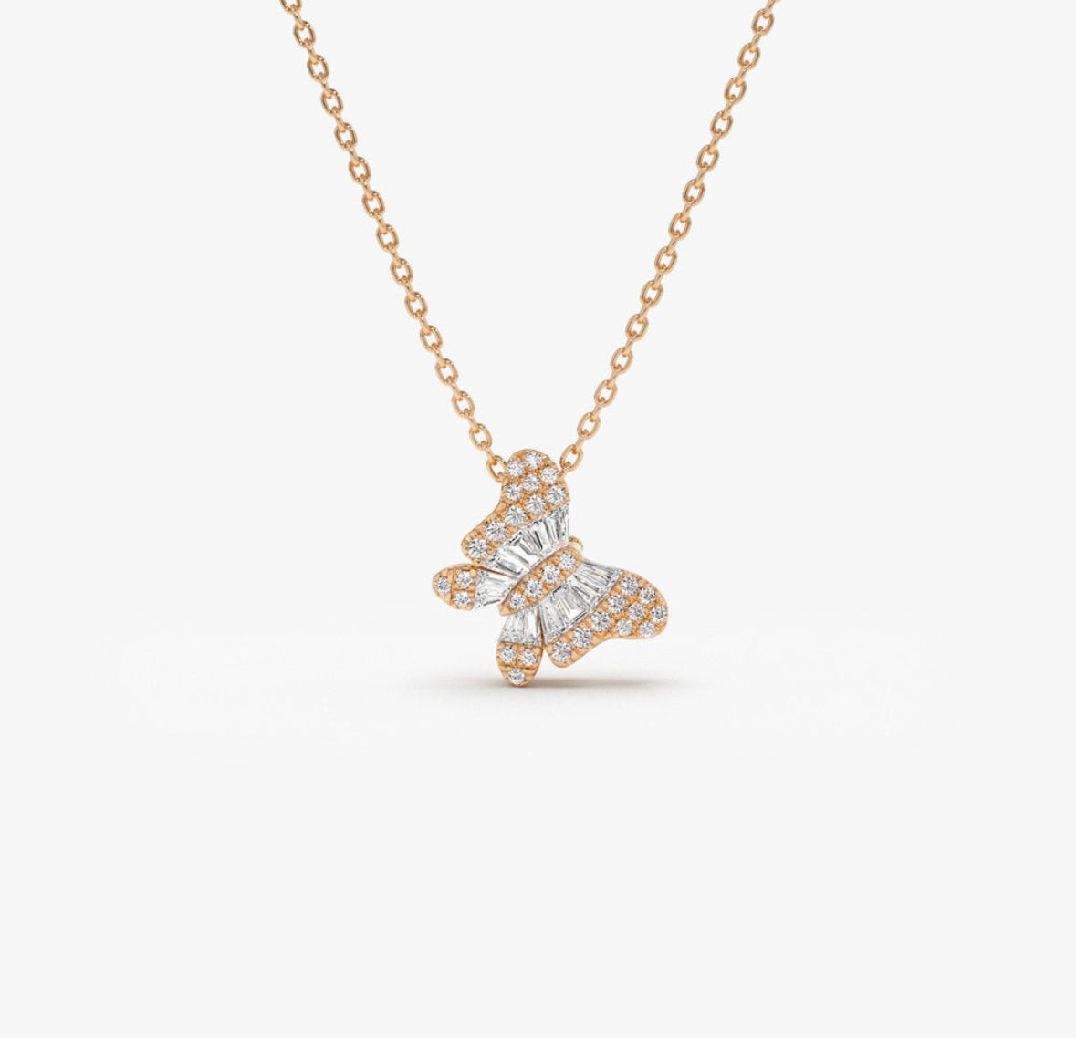 Solid Gold Baguette Diamond Butterfly Necklace