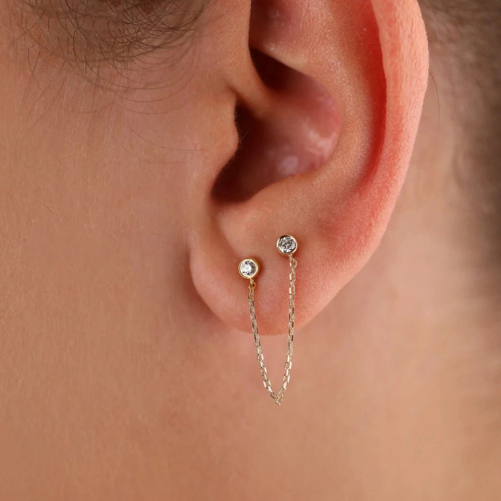 Solid Gold Double Diamond Hanging Chain Studs
