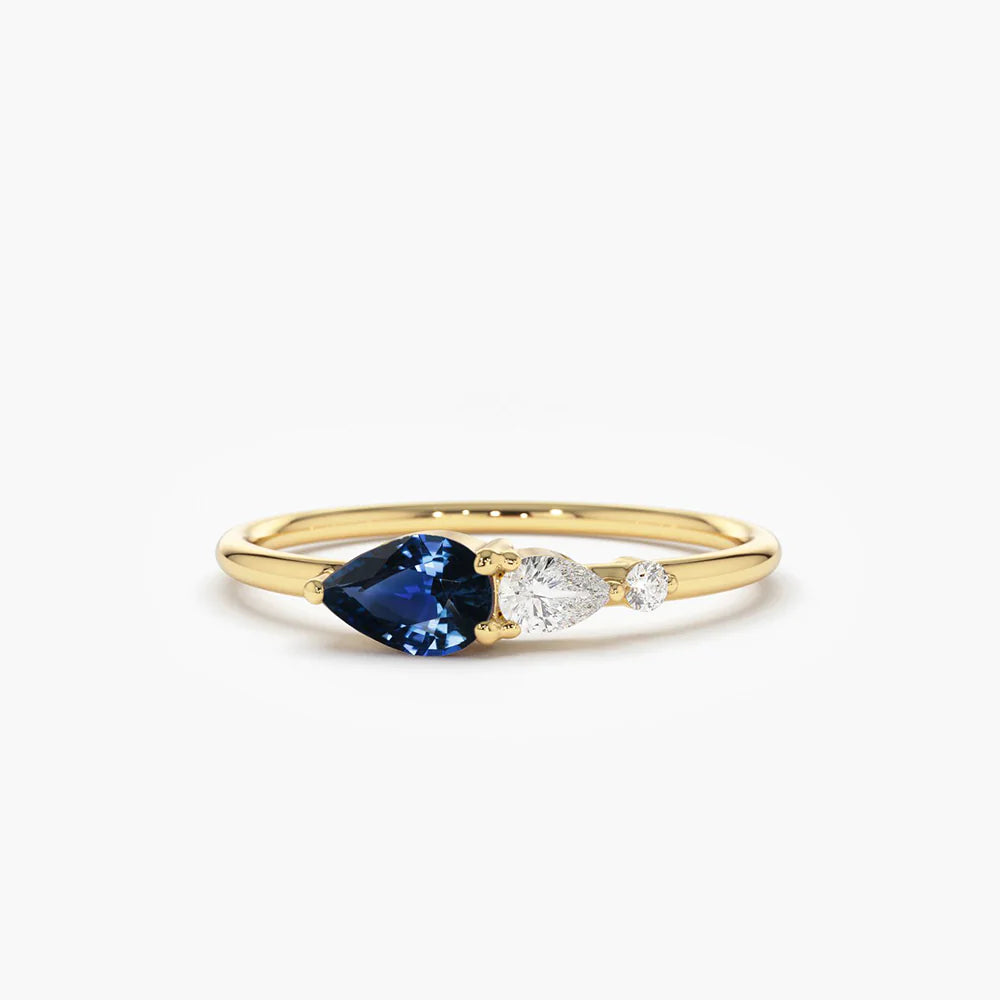 Solid Gold Pear Shape Natural Sapphire with Pear Shape Diamond Ring