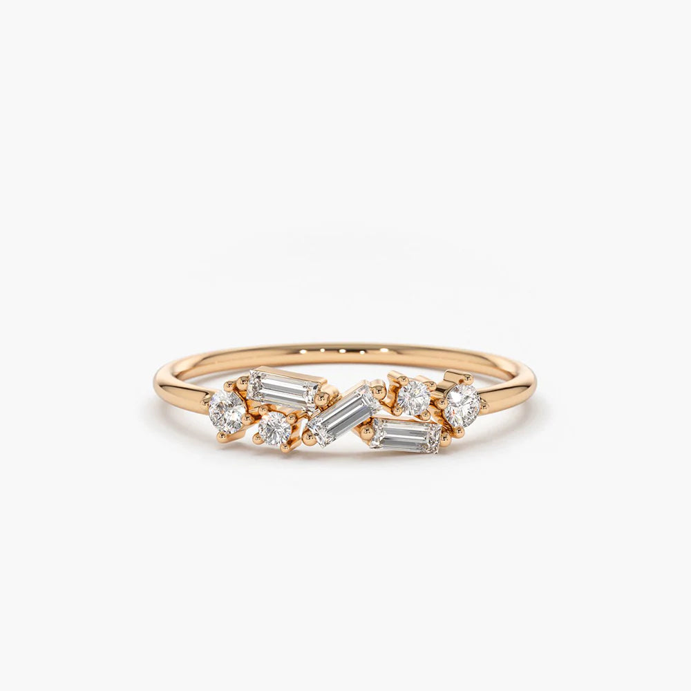Solid Gold Scattered Baguette and Round Diamond Ring