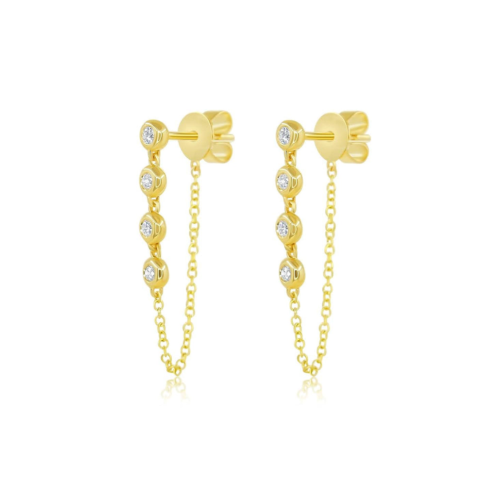 Solid Gold Four Diamond Bezel Chain Loop Earring