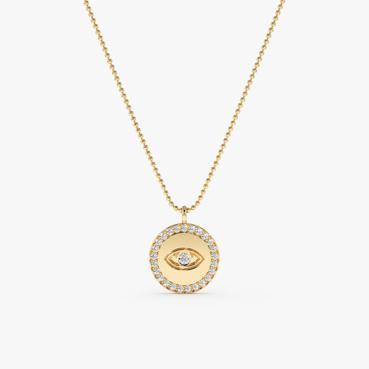 Solid Gold Diamond Eye Medallion with Ball Chain (8AA70A)