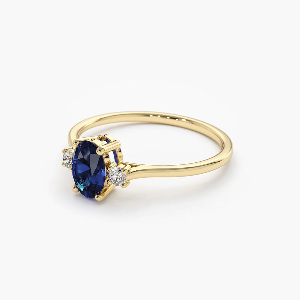Solid Gold Oval Shape Sapphire and Diamond 3 Stone Ring