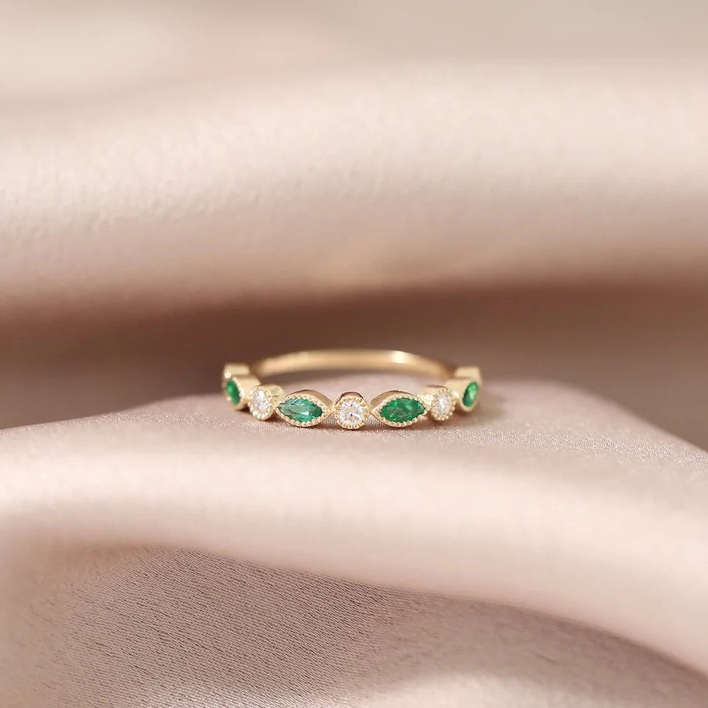 Marquise Emerald and Moissanite Wedding Band, photo 5