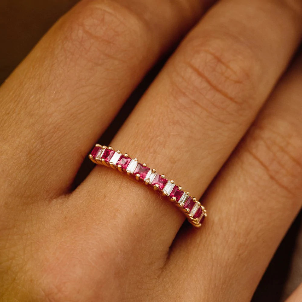Solid Gold Unique Princess Cut Ruby and Baguette Diamond Ring