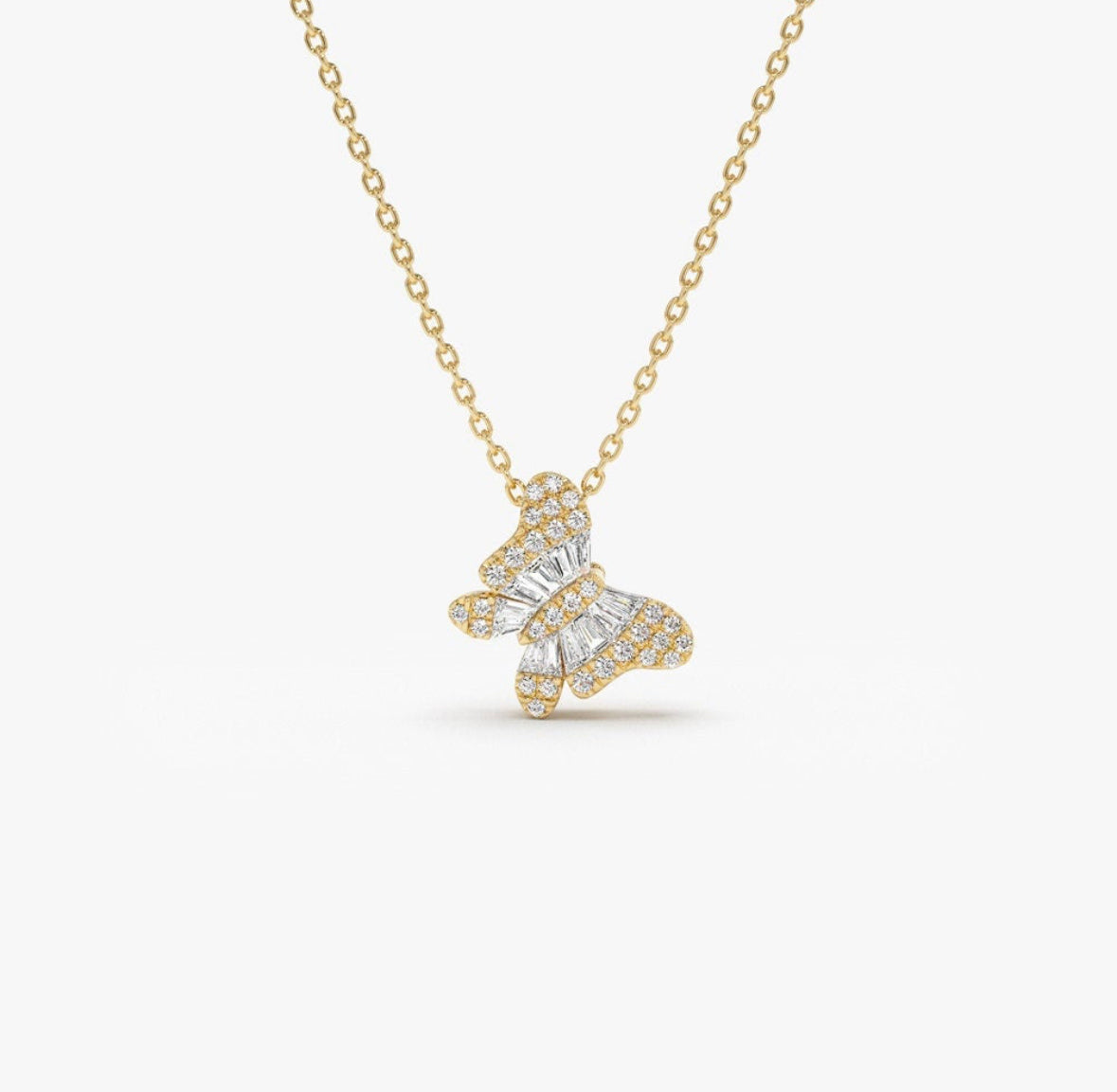 Solid Gold Baguette Diamond Butterfly Necklace