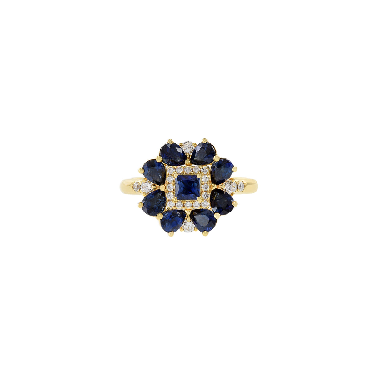 Solid Gold Blue Sapphire And Diamond Flower Ring
