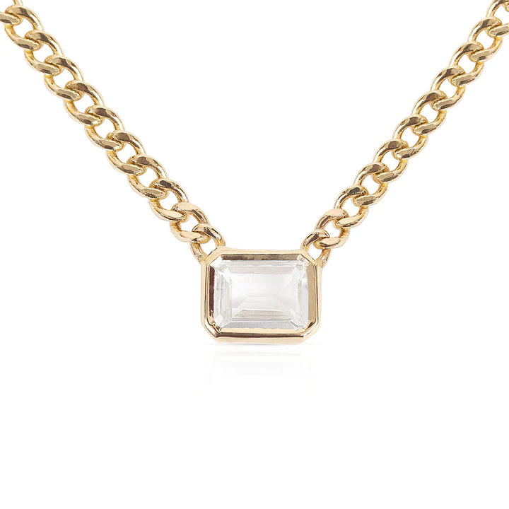 Solid Gold Emerald Cut Topaz Necklace With Cuban Chain