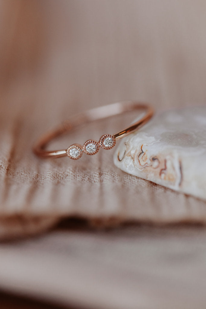 Solid Gold Three Diamonds in Milgrain Bezel Band (A1E529)